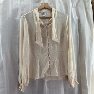 Unique Vintage Women's Blouse‎ Top Ivory Tie Neck Long Sleeve Size S/M